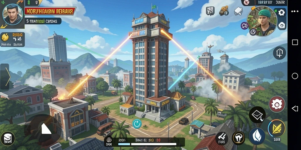 Screenshot gameplay 34R menampilkan pertahanan menara yang intens.