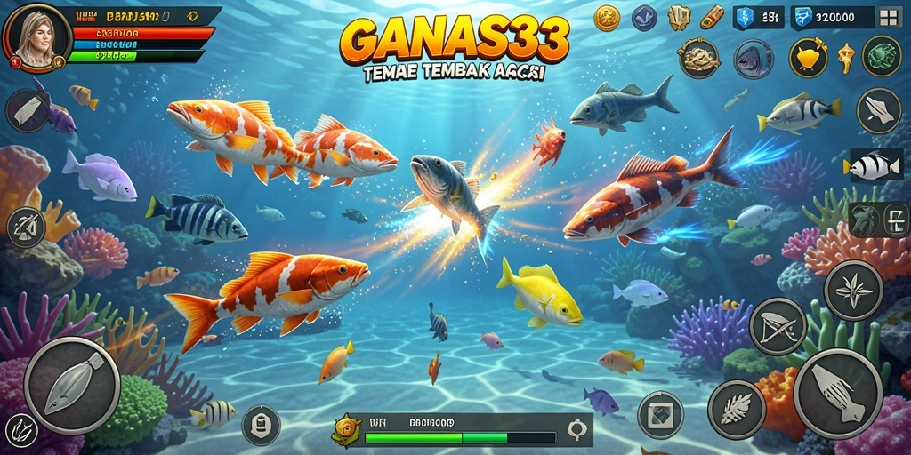 Tangkapan layar <strong>GANAS33</strong> menunjukkan aksi menembak ikan yang seru di bawah laut.