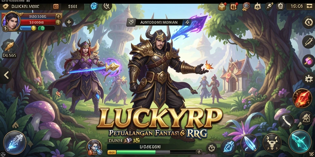 Screenshot LUCKYRP menunjukkan karakter bertarung melawan monster di lingkungan fantastis.