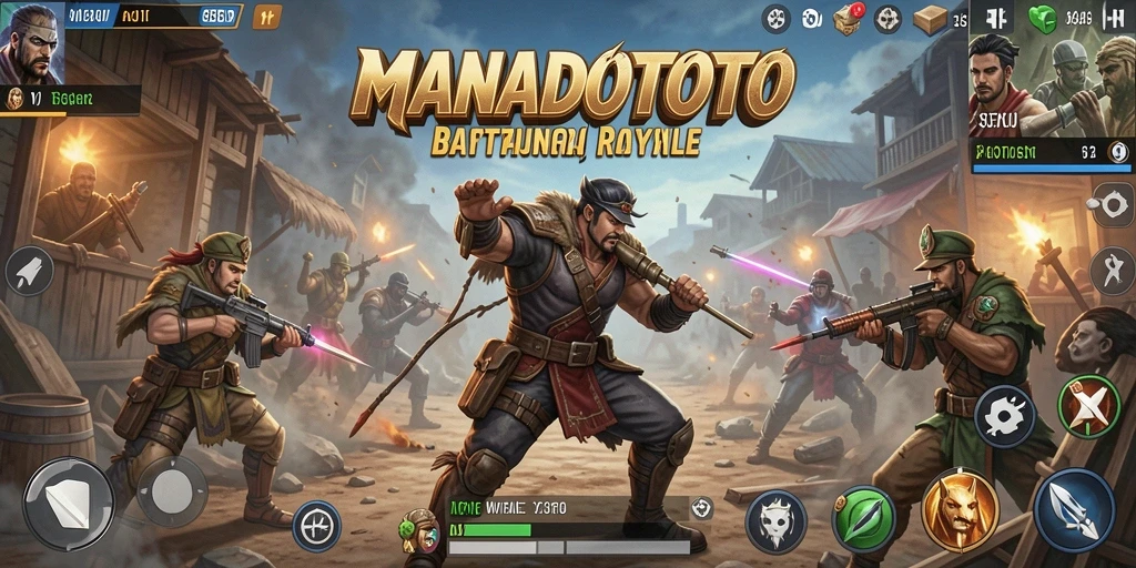 Tangkapan layar utama MANADOTOTO menampilkan aksi seru dalam permainan Battle Royale.