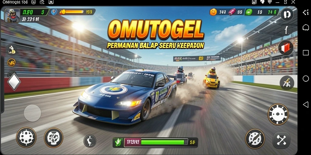 Tampilan seru dari gameplay balapan OMUTOGEL dengan mobil kencang.