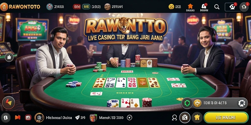 Screenshot gameplay RAWONTOTO yang menampilkan dealer langsung dan suasana kasino.