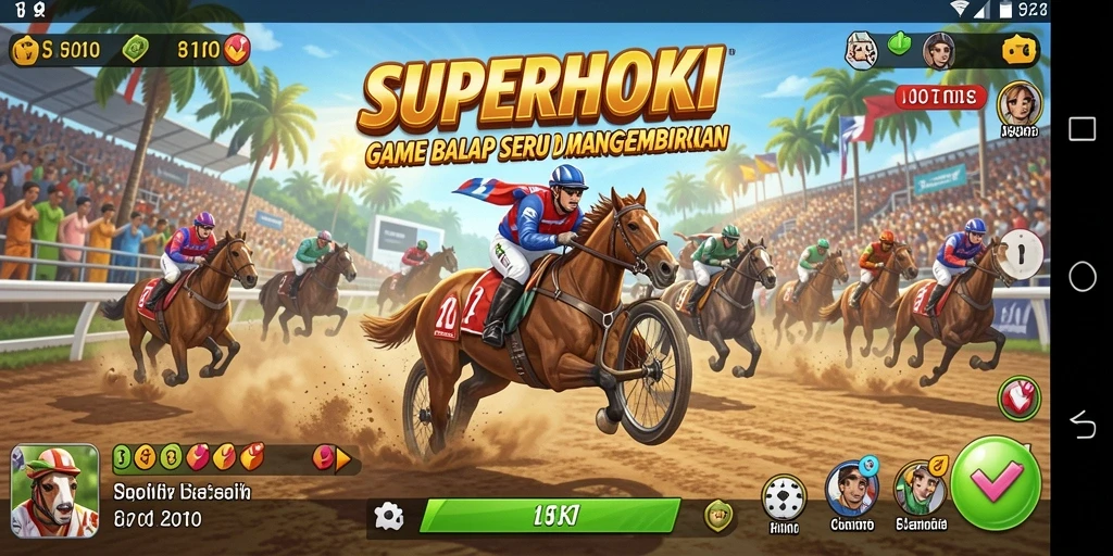 Screenshot gameplay SUPERHOKI menunjukkan aksi balapan yang mendebarkan.